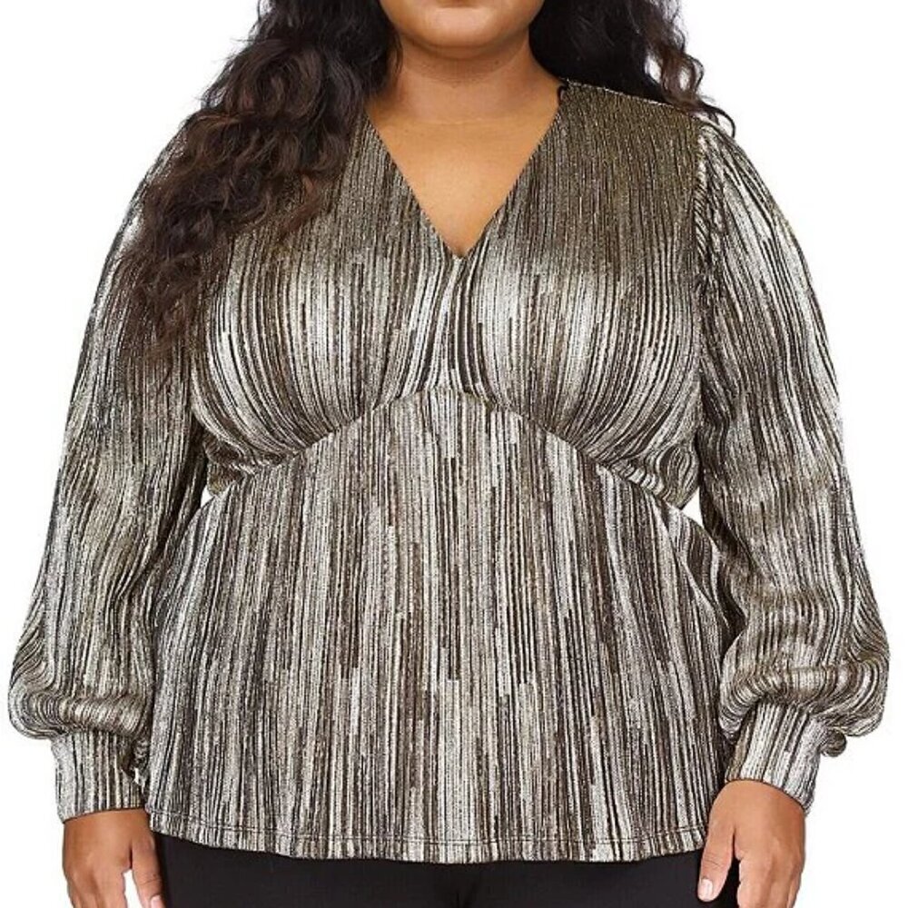 Michael Kors Metallic V-Neck Top Women's Plus Size 3X Gold Black Long Sleeve